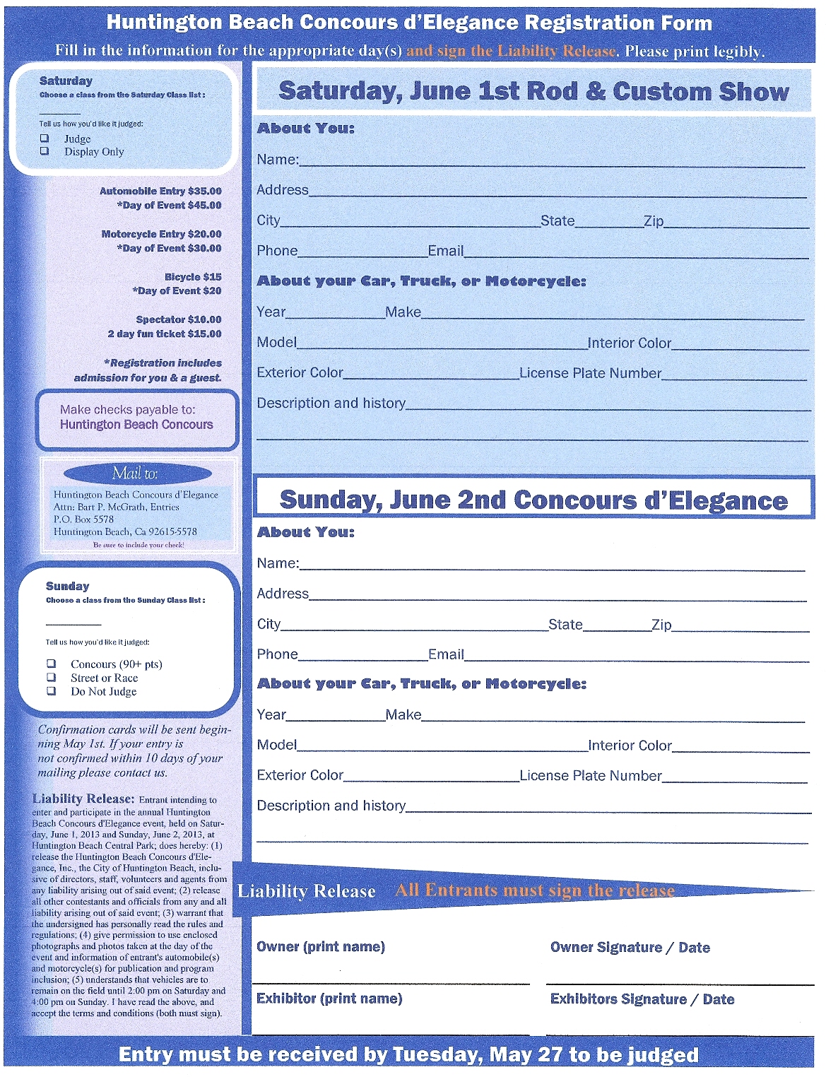 Saturday Entry Form